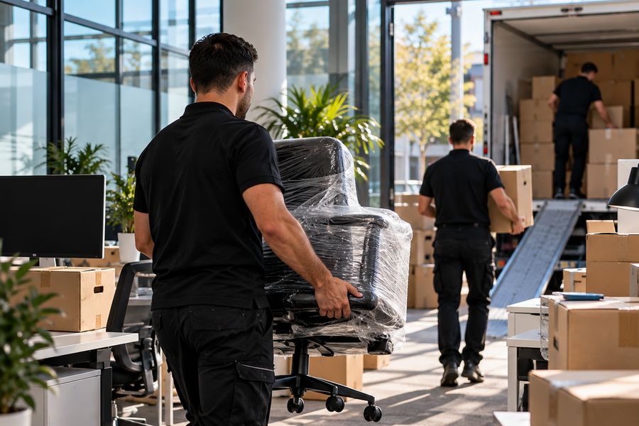 Büroumzug: Umzugshelfer tragen einen in Folie geschützten Bürostuhl durch ein Büro, im Hintergrund wird der Umzugswagen beladen