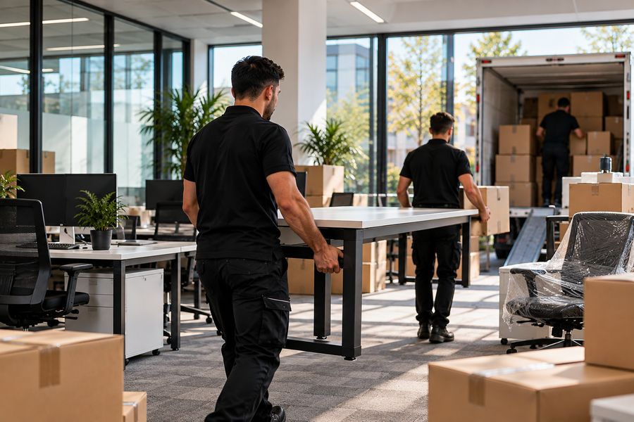 Firmenumzug: Umzugshelfer tragen einen Schreibtisch durch Geschäftsräume zum Umzugswagen