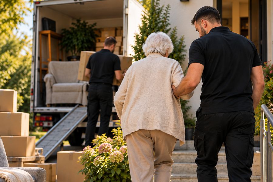 Seniorenumzug: Umzugshelfer begleiten eine Seniorin sicher die Treppe zum Haus hinauf, im Hintergrund wird der Umzugswagen beladen
